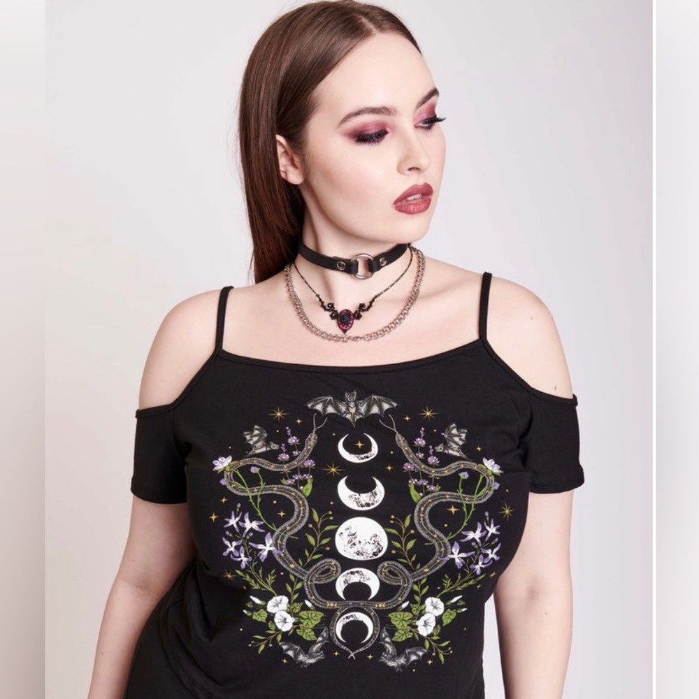 Moon phase off the shoulder black witchy goth top shirt midnighthour xl bats